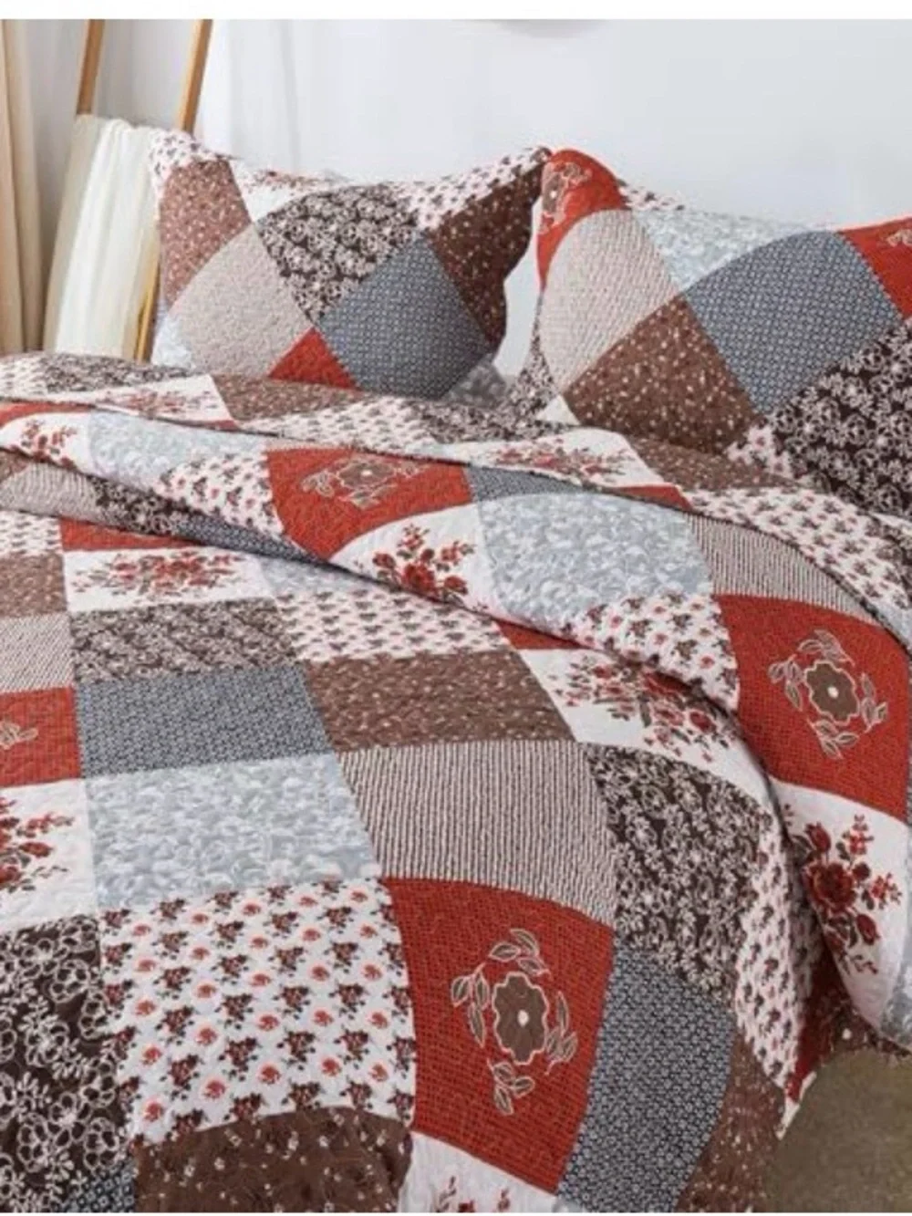 Honeylove Quilted Patchwork Bedspread in Rust, Brown & Gray